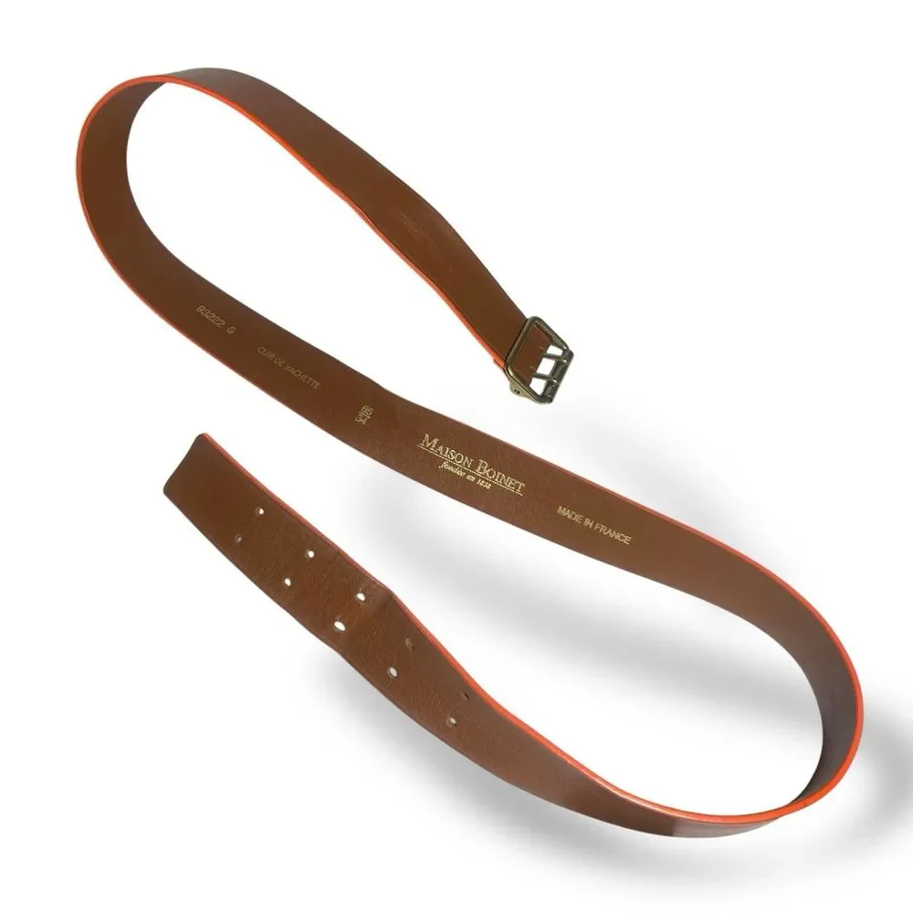 Maison Boinet Double Prong Belt Brown Orange Genuine Leather Women Size 85/34